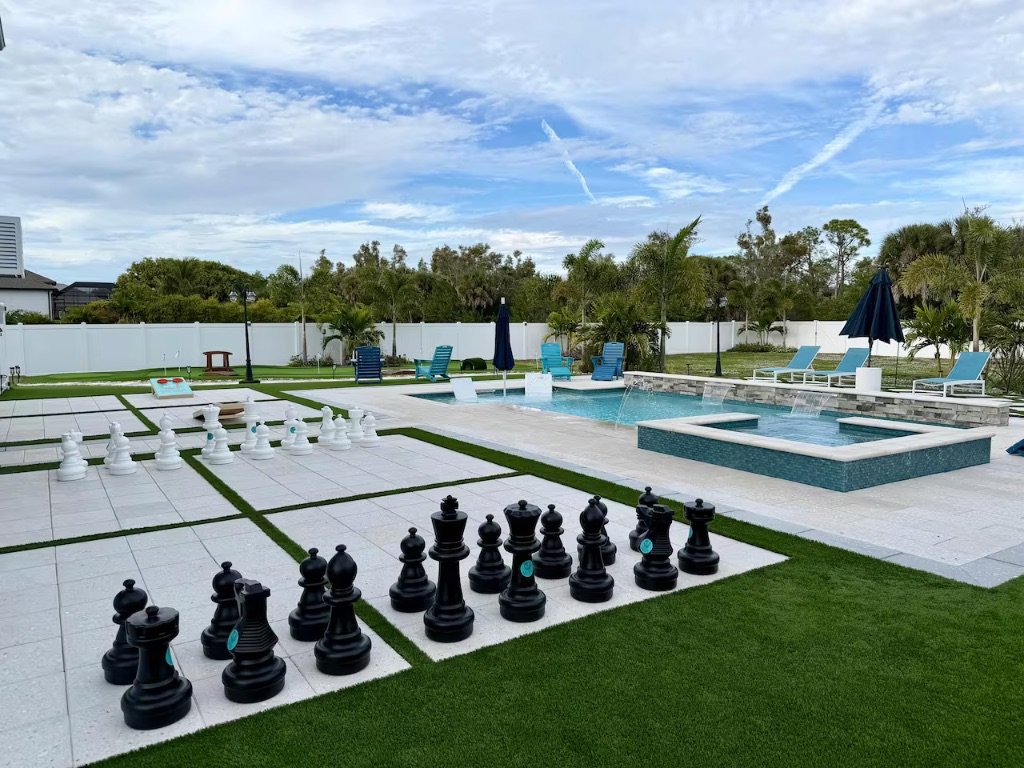 Seaside Boca resort pool and giant chess overview